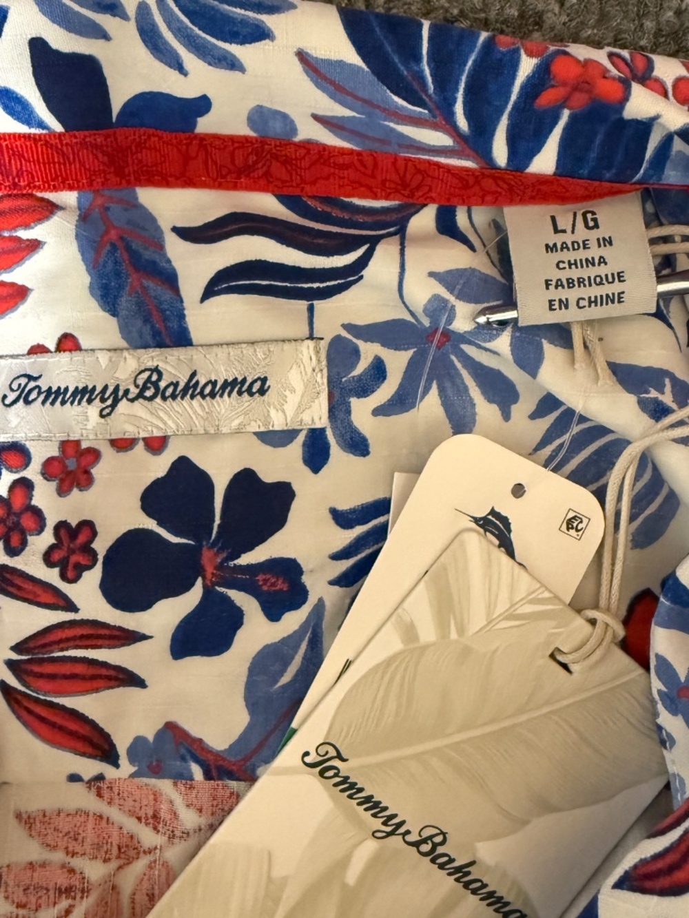 Tommy Bahama Set 100% Silk Shirt Swim Trunks Floral Red White Blue Hawaiian L/XL - Picture 5 of 13